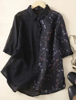 Hot Women's Cotton Linen Shirts Floral Vintage Basic Casual 3/4 Length Sleeve Shirt Collar Regular Tops Daily Pocket Buttons Print Black Yellow Summer Spring Women Shirts