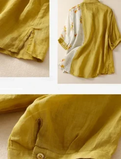 Hot Women's Cotton Linen Shirts Floral Vintage Basic Casual 3/4 Length Sleeve Shirt Collar Regular Tops Daily Pocket Buttons Print Black Yellow Summer Spring Women Shirts