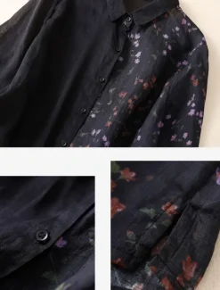 Hot Women's Cotton Linen Shirts Floral Vintage Basic Casual 3/4 Length Sleeve Shirt Collar Regular Tops Daily Pocket Buttons Print Black Yellow Summer Spring Women Shirts