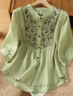 Hot Women's Cotton Linen Shirts Floral Bohemia Casual 3/4 Length Sleeve Crew Neck Regular Tops Daily Embroidered Green Apricot Summer Spring Fall Women Shirts