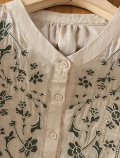 Hot Women's Cotton Linen Shirts Floral Bohemia Casual 3/4 Length Sleeve Crew Neck Regular Tops Daily Embroidered Green Apricot Summer Spring Fall Women Shirts