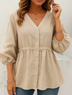 Outlet Women's Cotton Linen Shirts Solid Color Basic Casual 3/4 Length Sleeve V Neck Regular Tops Daily Buttons Blue Khaki Apricot Summer Spring Women Shirts