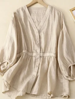 Outlet Women's Cotton Linen Shirts Solid Color Basic Casual 3/4 Length Sleeve V Neck Regular Tops Daily Buttons Blue Khaki Apricot Summer Spring Women Shirts