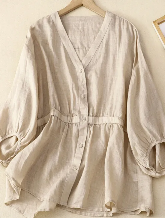 Outlet Women's Cotton Linen Shirts Solid Color Basic Casual 3/4 Length Sleeve V Neck Regular Tops Daily Buttons Blue Khaki Apricot Summer Spring Women Shirts