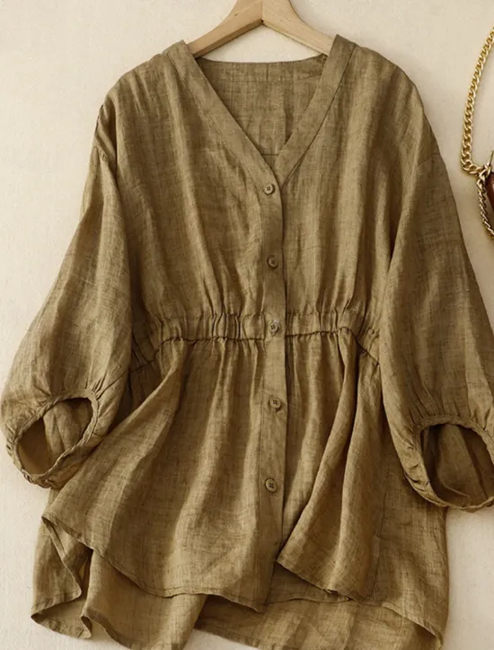 Outlet Women's Cotton Linen Shirts Solid Color Basic Casual 3/4 Length Sleeve V Neck Regular Tops Daily Buttons Blue Khaki Apricot Summer Spring Women Shirts