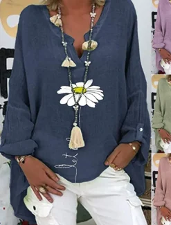 Hot Women's Cotton Linen Shirts Daisy Basic Casual Long Sleeve Shirt Collar Regular Tops Daily Print Pink Navy Blue Purple Green Summer Fall Women Shirts