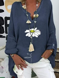 Hot Women's Cotton Linen Shirts Daisy Basic Casual Long Sleeve Shirt Collar Regular Tops Daily Print Pink Navy Blue Purple Green Summer Fall Women Shirts