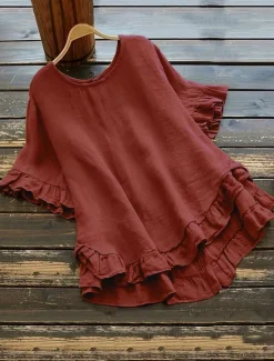 Clearance Women's Cotton Linen Shirts Solid Color Basic Casual Short Sleeve Crew Neck Regular Tops Daily Ruffle Buttons White Yellow Pink Wine Gray Summer Spring Women Shirts