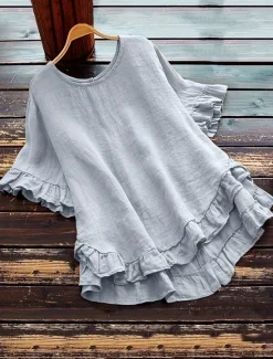 Clearance Women's Cotton Linen Shirts Solid Color Basic Casual Short Sleeve Crew Neck Regular Tops Daily Ruffle Buttons White Yellow Pink Wine Gray Summer Spring Women Shirts