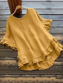 Clearance Women's Cotton Linen Shirts Solid Color Basic Casual Short Sleeve Crew Neck Regular Tops Daily Ruffle Buttons White Yellow Pink Wine Gray Summer Spring Women Shirts