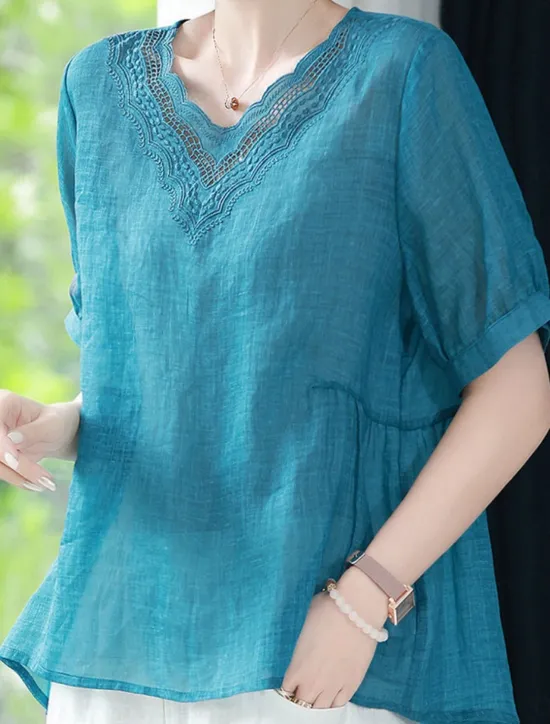 Hot Women's Cotton Linen Shirts Solid Color Elegant Stylish Basic Short Sleeve V Neck Regular Tops Daily Embroidered Summer Spring Women Shirts|Sets