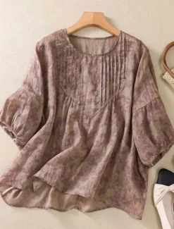 Hot Women's Cotton Linen Shirts Floral Casual 3/4 Length Sleeve Crew Neck Regular Tops Daily Print Black Red Purple Green Summer Women Shirts
