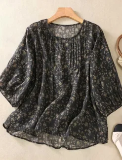 Hot Women's Cotton Linen Shirts Floral Casual 3/4 Length Sleeve Crew Neck Regular Tops Daily Print Black Red Purple Green Summer Women Shirts
