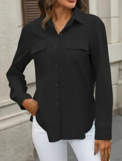 Outlet Women's Cotton Linen Shirts Solid Color Elegant Stylish Basic Long Sleeve Shirt Collar Regular Tops Daily Buttons Pocket Black White Pink Blue Summer Women Shirts