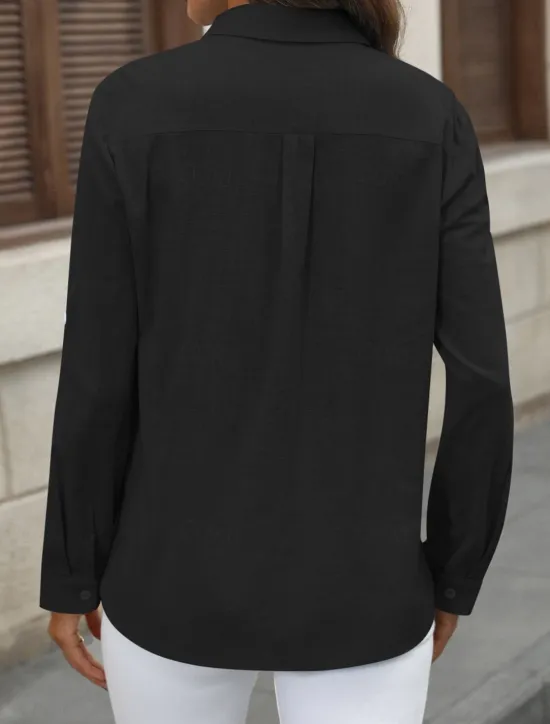 Outlet Women's Cotton Linen Shirts Solid Color Elegant Stylish Basic Long Sleeve Shirt Collar Regular Tops Daily Buttons Pocket Black White Pink Blue Summer Women Shirts