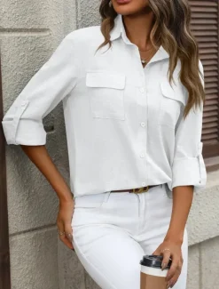 Outlet Women's Cotton Linen Shirts Solid Color Elegant Stylish Basic Long Sleeve Shirt Collar Regular Tops Daily Buttons Pocket Black White Pink Blue Summer Women Shirts
