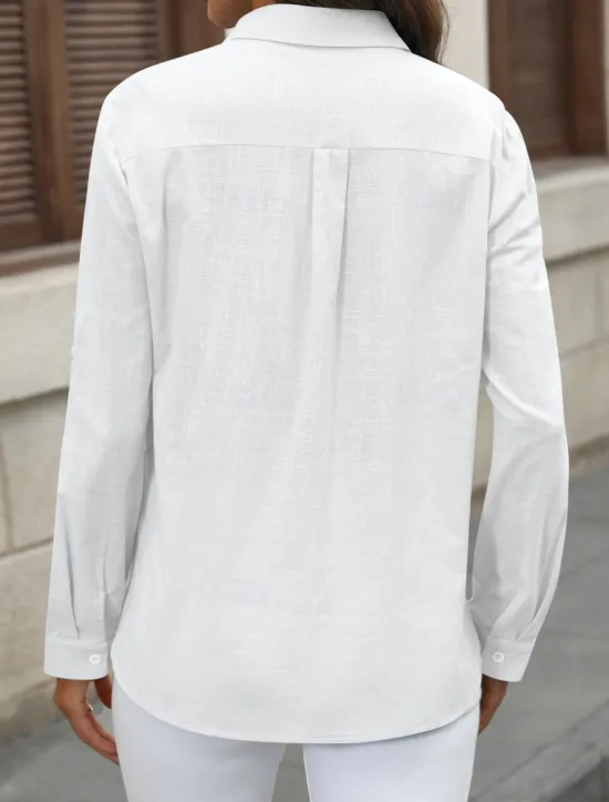 Outlet Women's Cotton Linen Shirts Solid Color Elegant Stylish Basic Long Sleeve Shirt Collar Regular Tops Daily Buttons Pocket Black White Pink Blue Summer Women Shirts