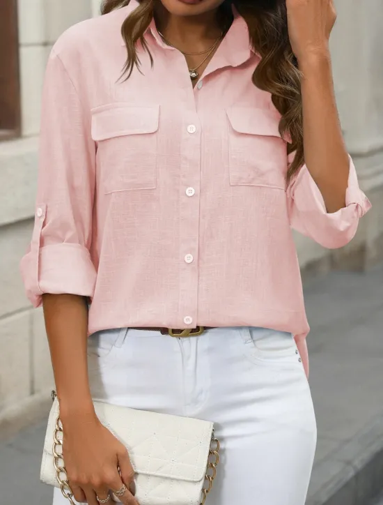 Outlet Women's Cotton Linen Shirts Solid Color Elegant Stylish Basic Long Sleeve Shirt Collar Regular Tops Daily Buttons Pocket Black White Pink Blue Summer Women Shirts