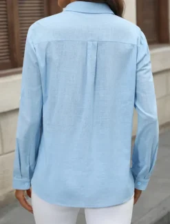 Outlet Women's Cotton Linen Shirts Solid Color Elegant Stylish Basic Long Sleeve Shirt Collar Regular Tops Daily Buttons Pocket Black White Pink Blue Summer Women Shirts