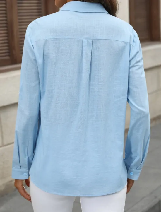 Outlet Women's Cotton Linen Shirts Solid Color Elegant Stylish Basic Long Sleeve Shirt Collar Regular Tops Daily Buttons Pocket Black White Pink Blue Summer Women Shirts
