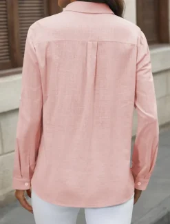 Outlet Women's Cotton Linen Shirts Solid Color Elegant Stylish Basic Long Sleeve Shirt Collar Regular Tops Daily Buttons Pocket Black White Pink Blue Summer Women Shirts