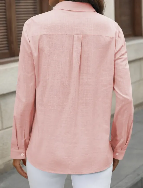 Outlet Women's Cotton Linen Shirts Solid Color Elegant Stylish Basic Long Sleeve Shirt Collar Regular Tops Daily Buttons Pocket Black White Pink Blue Summer Women Shirts