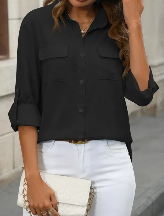 Outlet Women's Cotton Linen Shirts Solid Color Elegant Stylish Basic Long Sleeve Shirt Collar Regular Tops Daily Buttons Pocket Black White Pink Blue Summer Women Shirts
