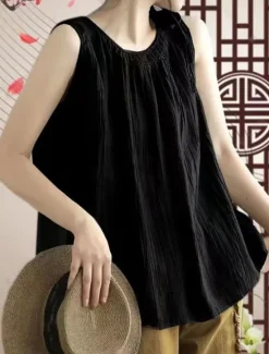 Outlet Women's Cotton Linen Shirts Camisole Tank Top Solid Color Basic Casual Sleeveless Crew Neck Regular Tops Daily Black Navy Blue Purple Green Gray Summer Women Shirts