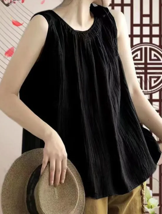 Outlet Women's Cotton Linen Shirts Camisole Tank Top Solid Color Basic Casual Sleeveless Crew Neck Regular Tops Daily Black Navy Blue Purple Green Gray Summer Women Shirts