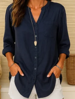 Sale Women's Cotton Linen Shirt Plain Vintage Long Sleeve V Neck Regular Tops Daily Weekend Vacation Wear Pink purple White Navy Blue Blue Orange Summer Spring Women Shirts