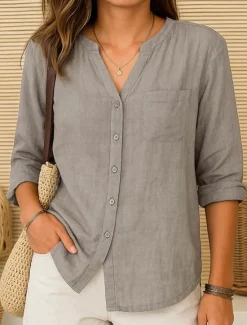 Sale Women's Cotton Linen Shirt Plain Vintage Long Sleeve V Neck Regular Tops Daily Weekend Vacation Wear Pink purple White Navy Blue Blue Orange Summer Spring Women Shirts