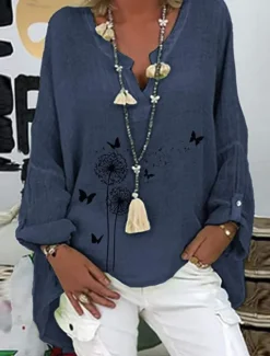 Discount Women's Cotton Linen Shirts Floral Basic Casual Long Sleeve Shirt Collar Regular Tops Daily Print White Pink Navy Blue Purple Summer Fall Women Shirts