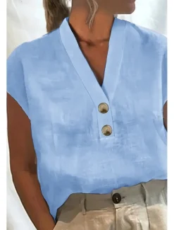 Online Women's Cotton Linen Shirts Cotton Linen Shirt Blouse Plain Basic Modern Casual Short Sleeve V Neck Regular Tops Holiday Going out Buttons White Pink Green Light Blue Summer Women Shirts