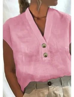 Online Women's Cotton Linen Shirts Cotton Linen Shirt Blouse Plain Basic Modern Casual Short Sleeve V Neck Regular Tops Holiday Going out Buttons White Pink Green Light Blue Summer Women Shirts