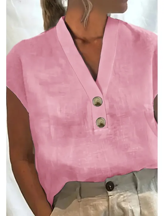 Online Women's Cotton Linen Shirts Cotton Linen Shirt Blouse Plain Basic Modern Casual Short Sleeve V Neck Regular Tops Holiday Going out Buttons White Pink Green Light Blue Summer Women Shirts
