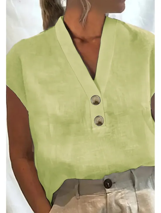 Online Women's Cotton Linen Shirts Cotton Linen Shirt Blouse Plain Basic Modern Casual Short Sleeve V Neck Regular Tops Holiday Going out Buttons White Pink Green Light Blue Summer Women Shirts