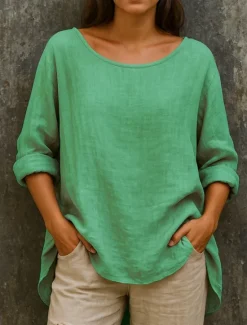 Hot Women's Cotton Linen Shirts Solid Color Basic Casual Long Sleeve Crew Neck Regular Tops Daily Ruched Pink Sky Blue Green Khaki Fall Women Shirts