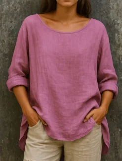 Hot Women's Cotton Linen Shirts Solid Color Basic Casual Long Sleeve Crew Neck Regular Tops Daily Ruched Pink Sky Blue Green Khaki Fall Women Shirts