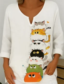 Discount Women's Cotton Linen Shirt Graphic Animal Abstract Elegant Bohemia Vintage Long Sleeve V Neck Regular Tops Daily Holiday White Orange Summer Spring Women Shirts