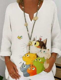 Discount Women's Cotton Linen Shirt Graphic Animal Abstract Elegant Bohemia Vintage Long Sleeve V Neck Regular Tops Daily Holiday White Orange Summer Spring Women Shirts