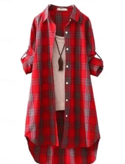 Sale Women's Cotton Linen Shirt Plaid Basic Casual Long Sleeve Shirt Collar Regular Tops Daily Buttons Pocket Print Yellow Red Green Summer Women Shirts