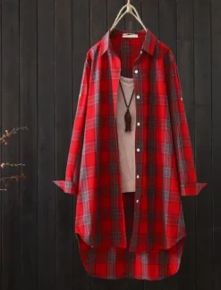 Sale Women's Cotton Linen Shirt Plaid Basic Casual Long Sleeve Shirt Collar Regular Tops Daily Buttons Pocket Print Yellow Red Green Summer Women Shirts