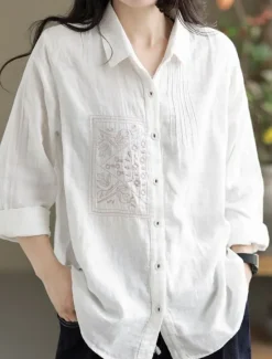 New Women's Cotton Linen Shirts Solid Color Vintage Basic Casual Long Sleeve Shirt Collar Regular Tops Daily Embroidered Pocket Buttons White Yellow Green Summer Spring Fall Women Shirts