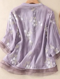 Hot Women's Cotton Linen Shirts Floral Vintage Casual Long Sleeve High Neck Regular Tops Daily Embroidered Buttons Red Purple Green Apricot Summer Women Shirts