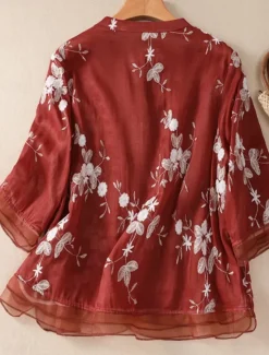 Hot Women's Cotton Linen Shirts Floral Vintage Casual Long Sleeve High Neck Regular Tops Daily Embroidered Buttons Red Purple Green Apricot Summer Women Shirts