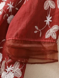 Hot Women's Cotton Linen Shirts Floral Vintage Casual Long Sleeve High Neck Regular Tops Daily Embroidered Buttons Red Purple Green Apricot Summer Women Shirts