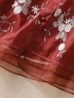 Hot Women's Cotton Linen Shirts Floral Vintage Casual Long Sleeve High Neck Regular Tops Daily Embroidered Buttons Red Purple Green Apricot Summer Women Shirts