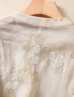 Hot Women's Cotton Linen Shirts Floral Vintage Casual Long Sleeve High Neck Regular Tops Daily Embroidered Buttons Red Purple Green Apricot Summer Women Shirts