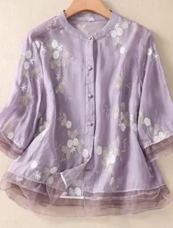 Hot Women's Cotton Linen Shirts Floral Vintage Casual Long Sleeve High Neck Regular Tops Daily Embroidered Buttons Red Purple Green Apricot Summer Women Shirts