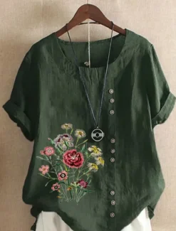 Best Women's Cotton Linen Shirts Floral Graphic Elegant Daily Basic Short Sleeve Crew Neck Regular Tops Daily Holiday Vacation Wear Buttons Grass Green White Yellow Army Green Navy Blue Summer Women Shirts